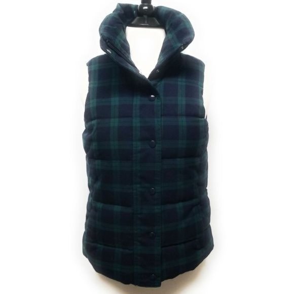 Old Navy Midnight Navy Blue & Green Tartan Plaid Thick Puffer Vest Womens Size X - Picture 6 of 8